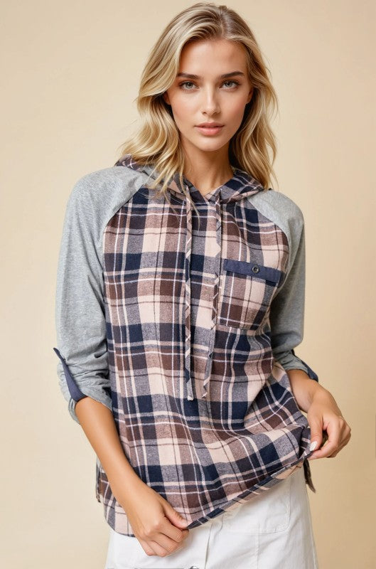 Brown And Grey Raglan Hooded Plaid Top With Roll Up Sleeve