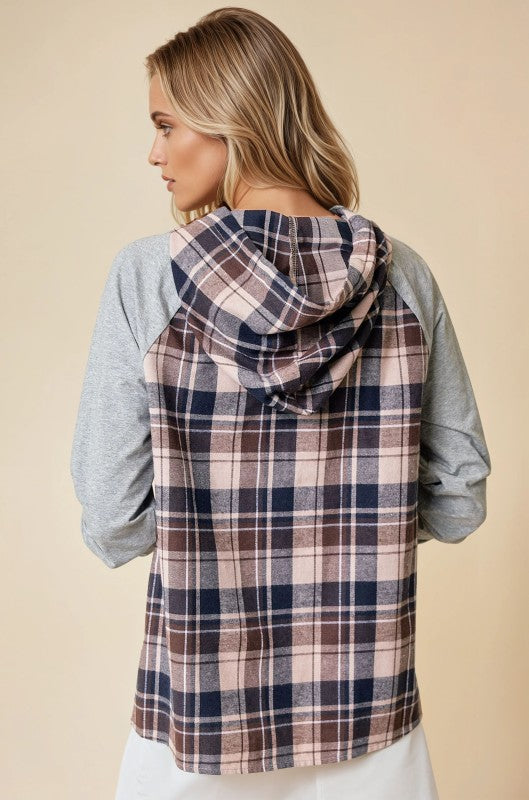 Brown And Grey Raglan Hooded Plaid Top With Roll Up Sleeve