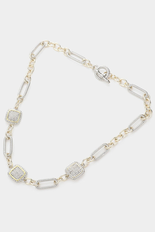 Rhinestone Triple Square Accented Toggle Necklace