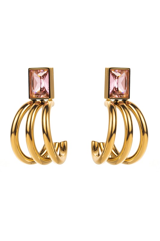 Gold Plated Pink Zirconia Claw-Shaped Hoop Earrings