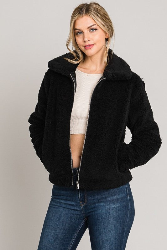 PINK FRIDAY Black Fleece Zip-up Short Jacket