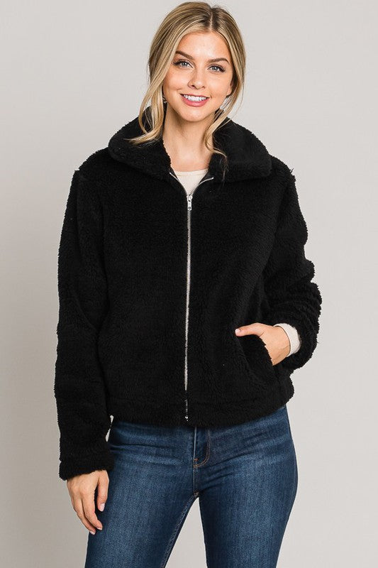 PINK FRIDAY Black Fleece Zip-up Short Jacket