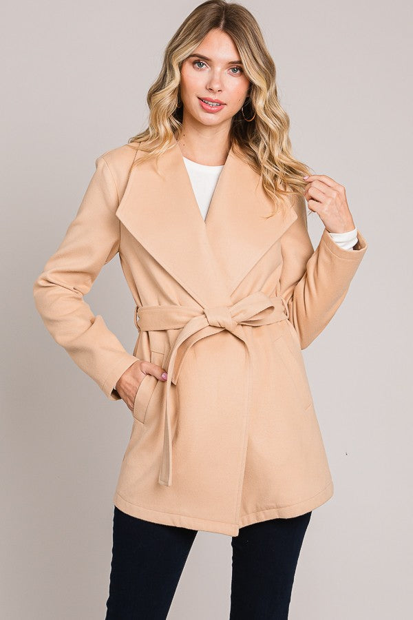 PINK FRIDAY Khaki Shawl Collar Front Tie Coat
