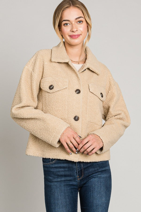 PINK FRIDAY Taupe Fleece Buttoned Flap Pocket Shacket