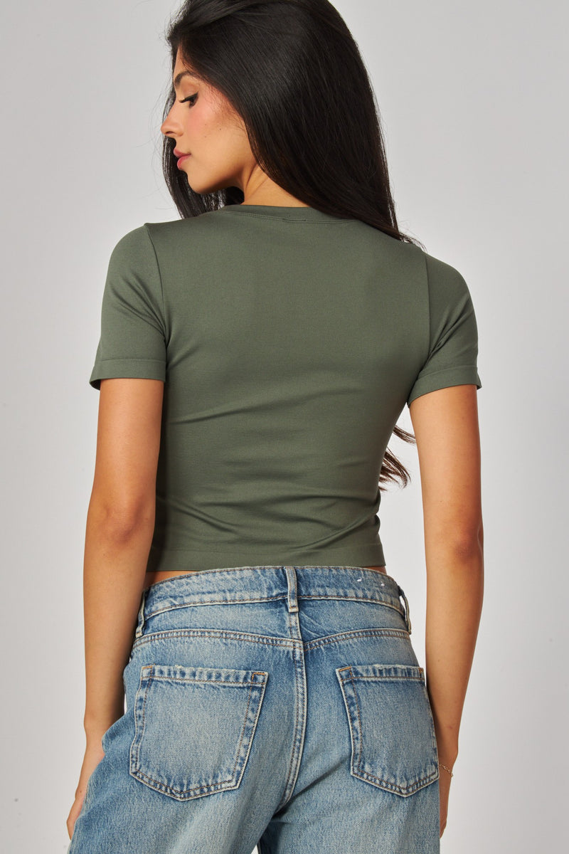 Best Deal Military Green Ultra-stretch Seamless Crew-neck Crop Top