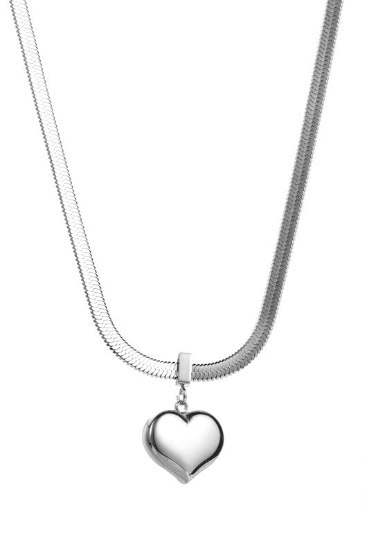Silver Snake Chain Heart Pendant Necklace