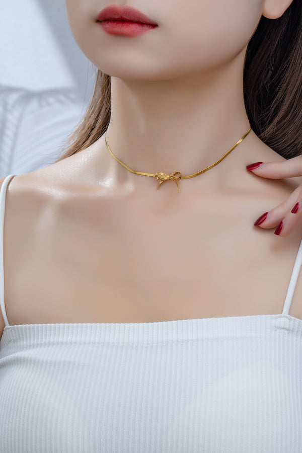 Waterproof Herringbone Gold Chain Bow Choker Necklace