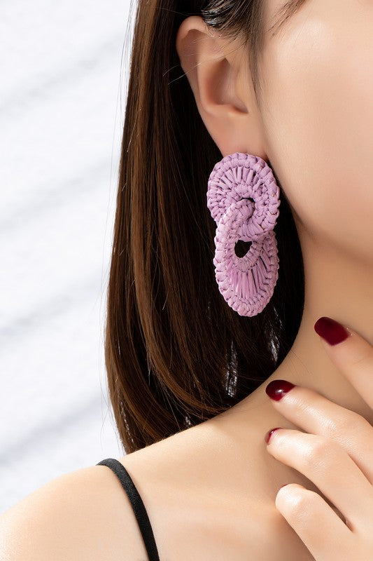 Double Hoop Woven Raffia Straw Statement Earrings