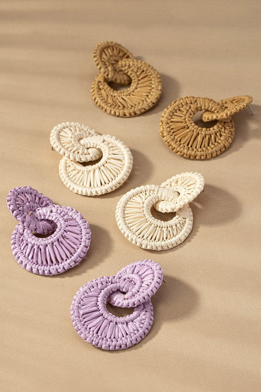 Double Hoop Woven Raffia Straw Statement Earrings
