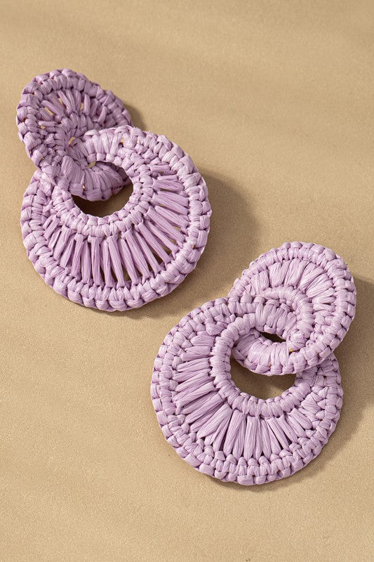 Double Hoop Woven Raffia Straw Statement Earrings