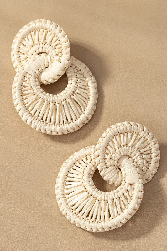 Double Hoop Woven Raffia Straw Statement Earrings