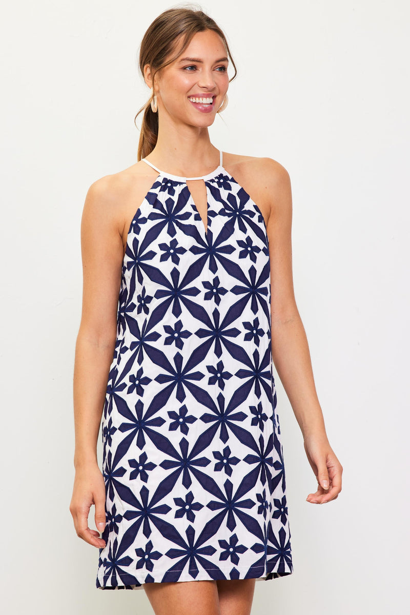 Navy Embroidered Halter Dress