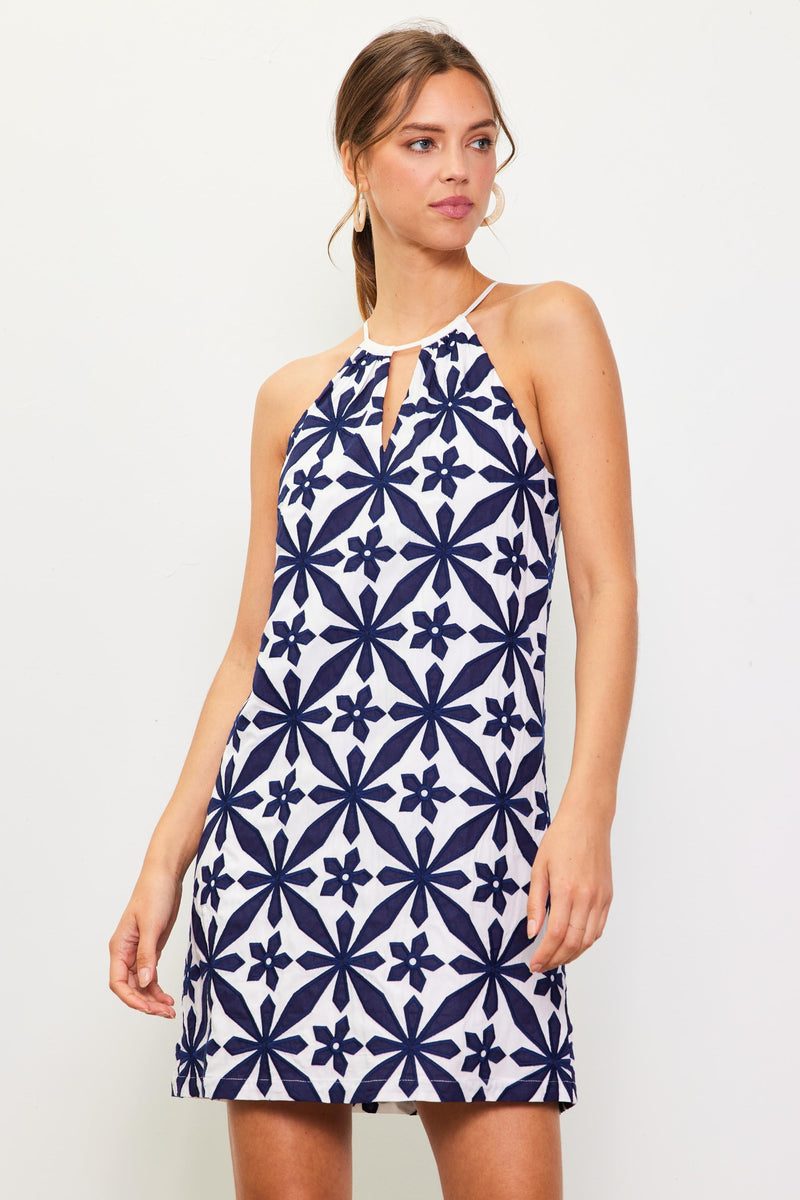 Navy Embroidered Halter Dress