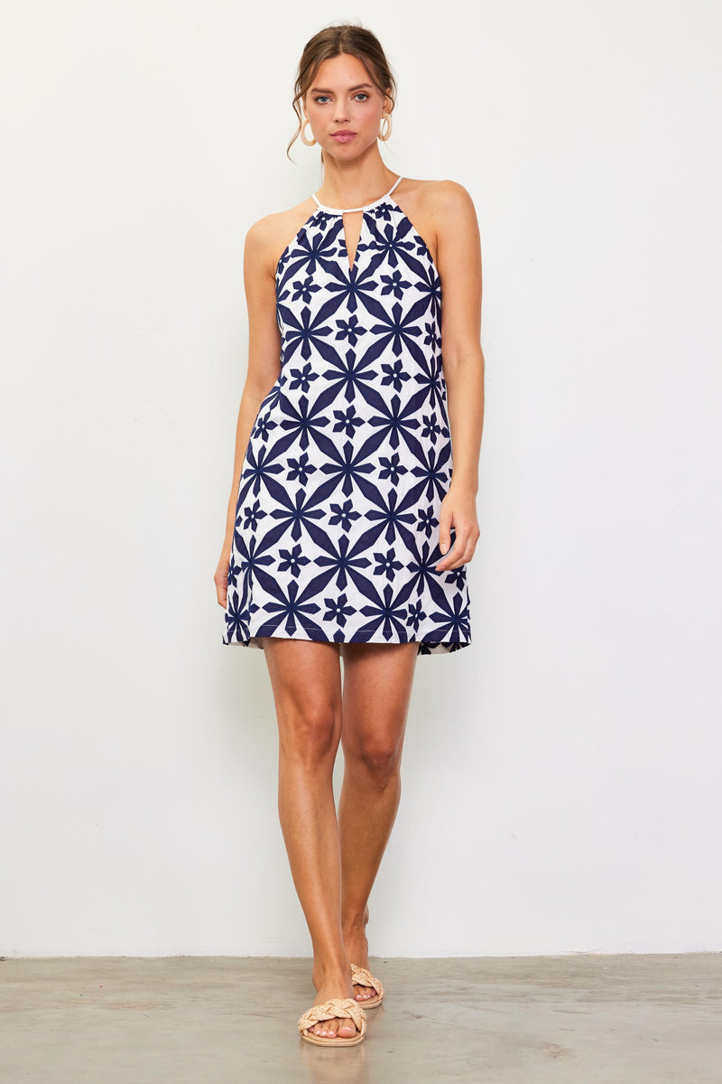 Navy Embroidered Halter Dress
