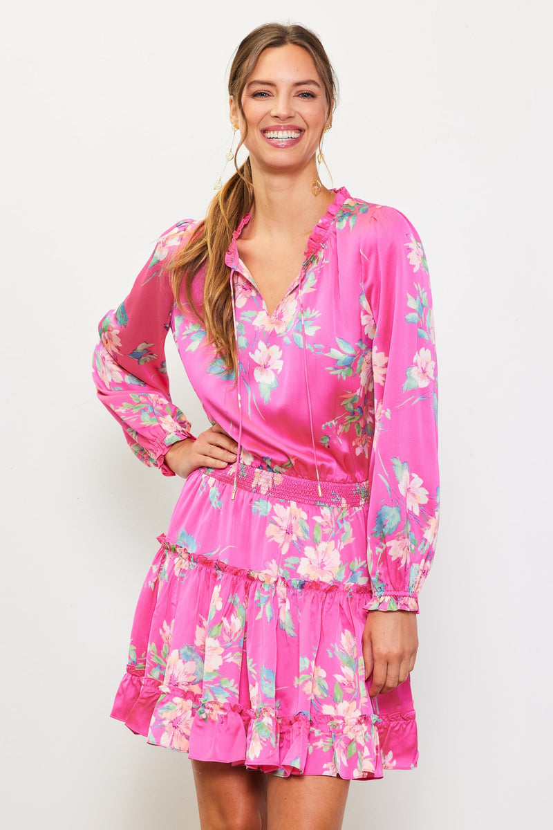 Pink Magnolia Long Sleeve Floral Print Mini Dress