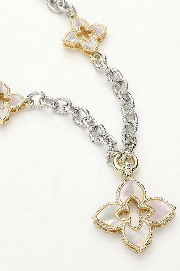 14k Gold Cz Paved Clover Pendant Station Necklace