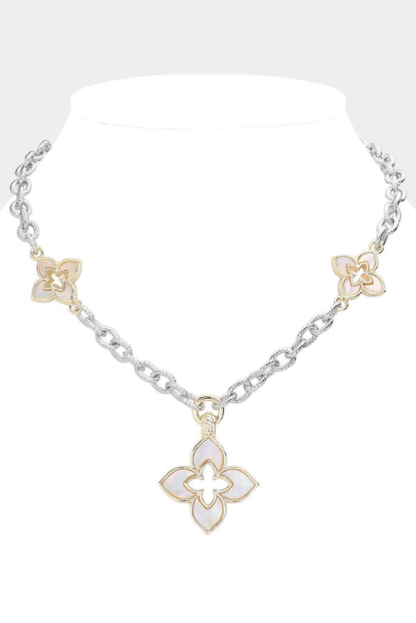 14k Gold Cz Paved Clover Pendant Station Necklace