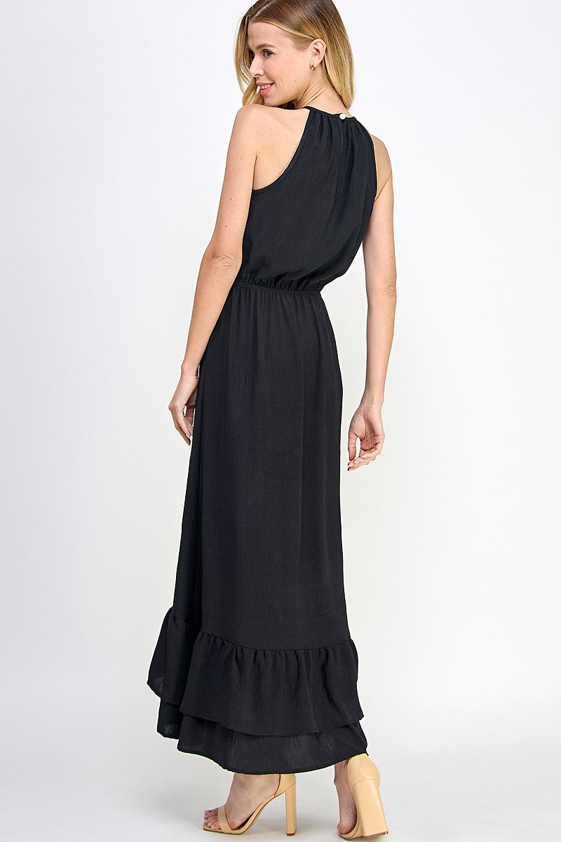 Halter Neckline Black Solid Maxi Dress