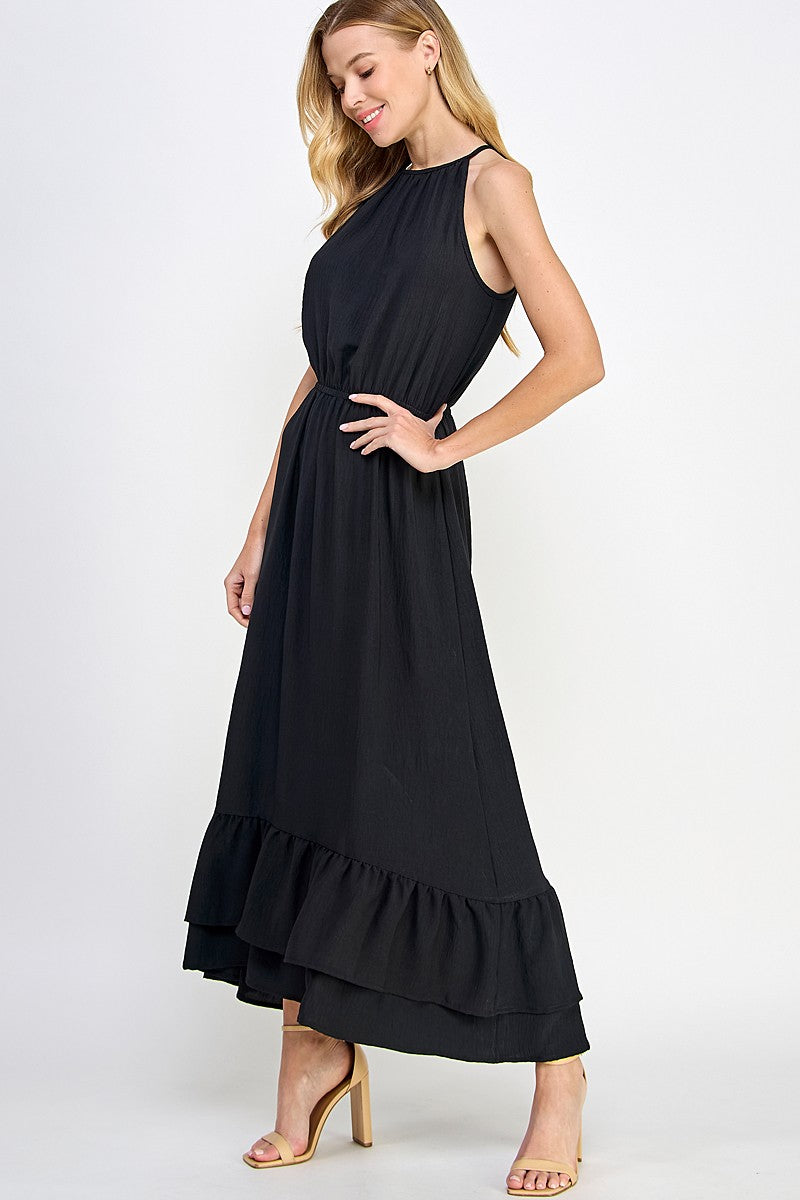 Halter Neckline Black Solid Maxi Dress