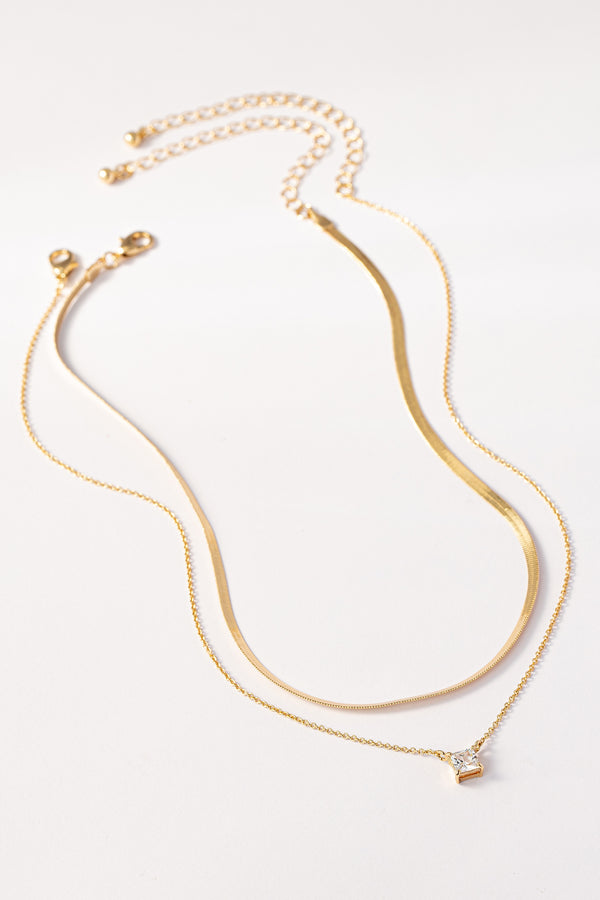 Herringbone And Square CZ Pendant Necklace Set
