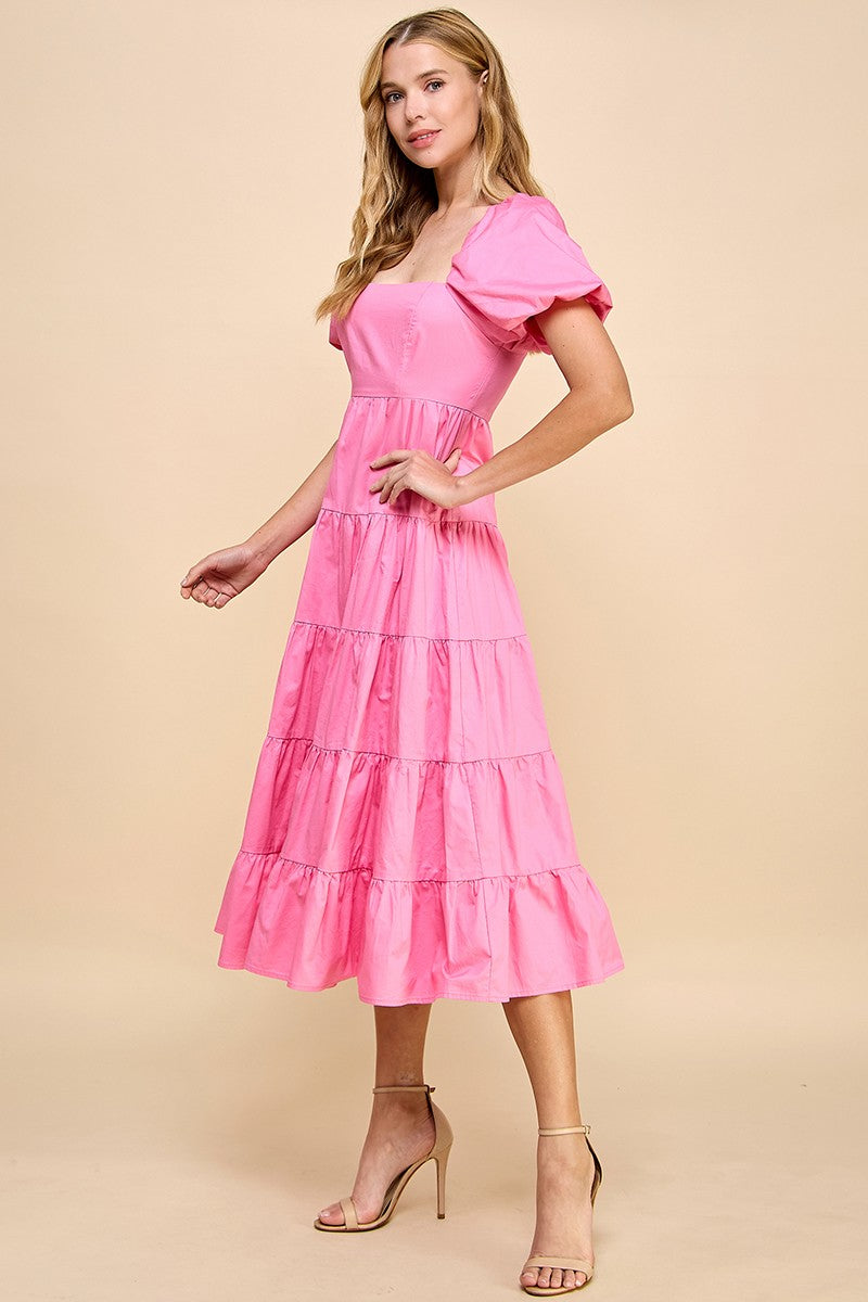 Barbie Pink Square Neckline Tiered Midi Dress
