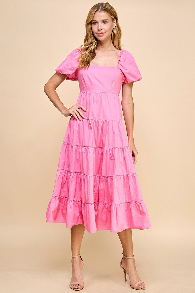 Barbie Pink Square Neckline Tiered Midi Dress