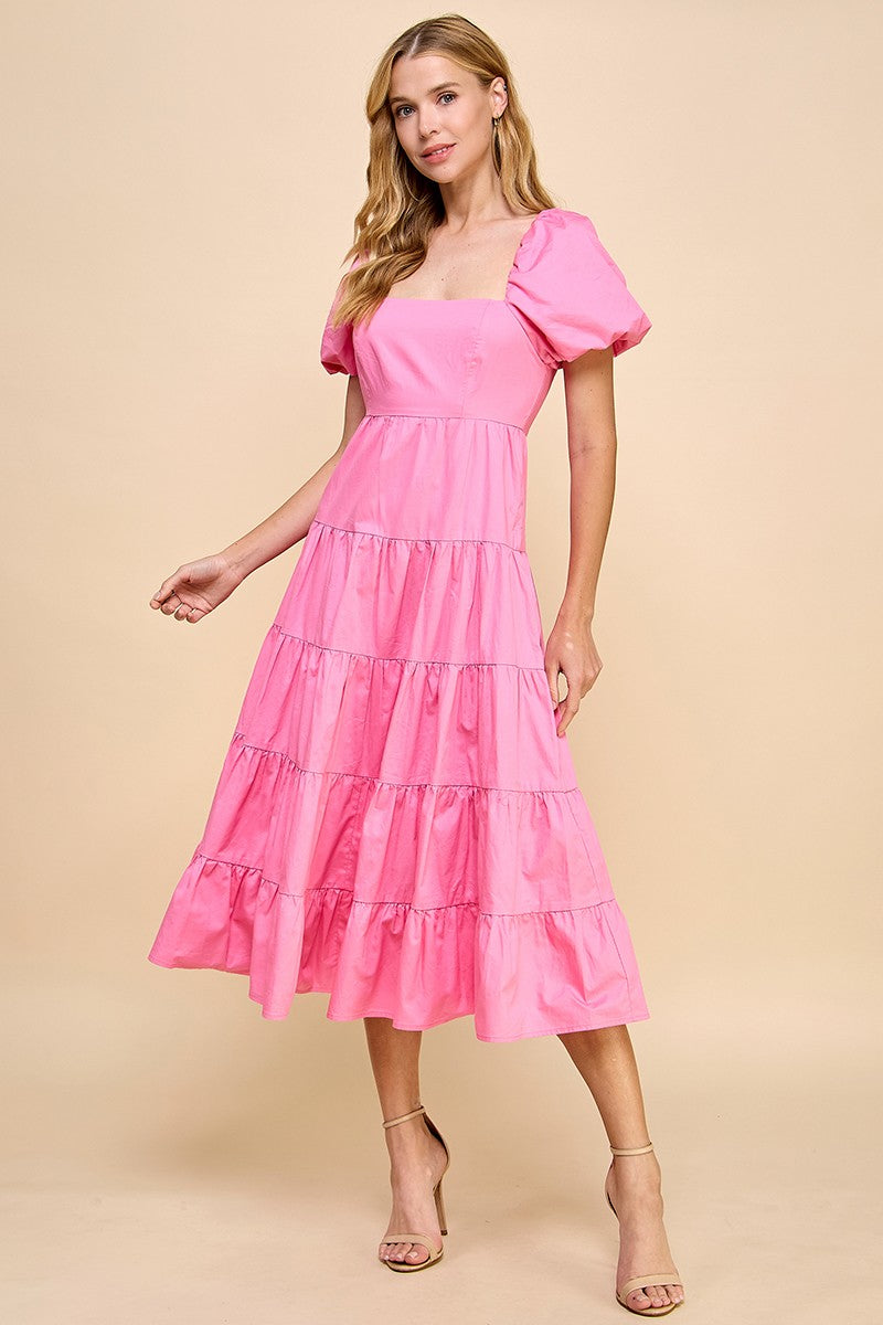 Barbie Pink Square Neckline Tiered Midi Dress