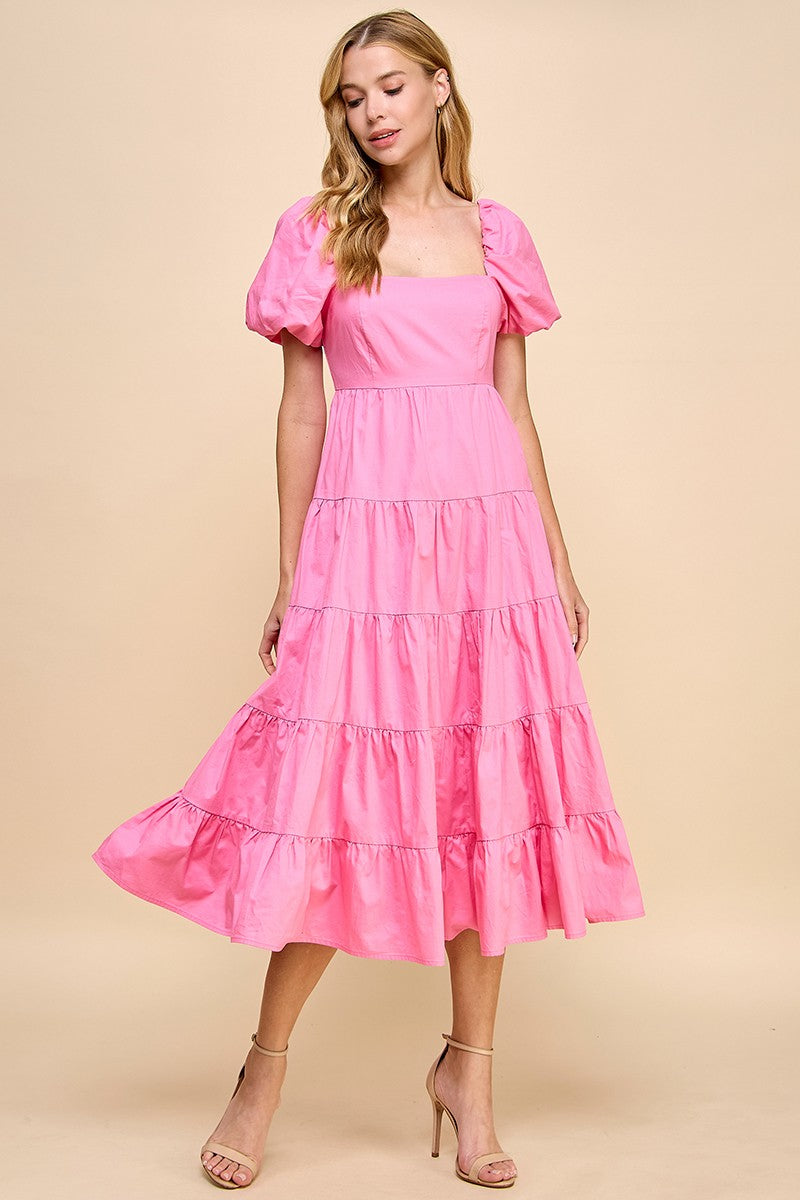 Barbie Pink Square Neckline Tiered Midi Dress