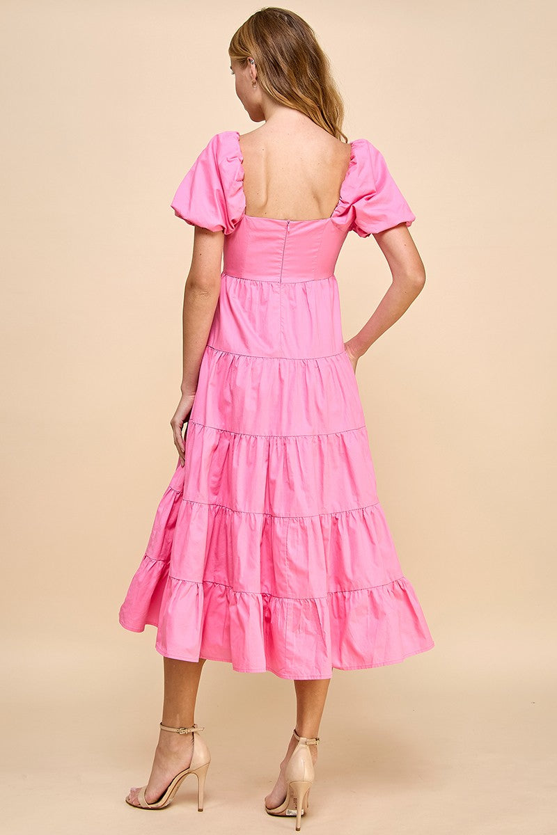 Barbie Pink Square Neckline Tiered Midi Dress
