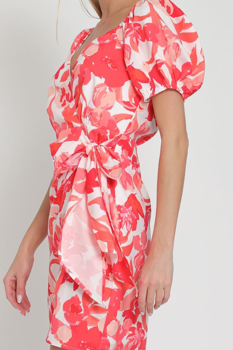 PUFF SHORT SLEEVE WRAP MINI DRESS