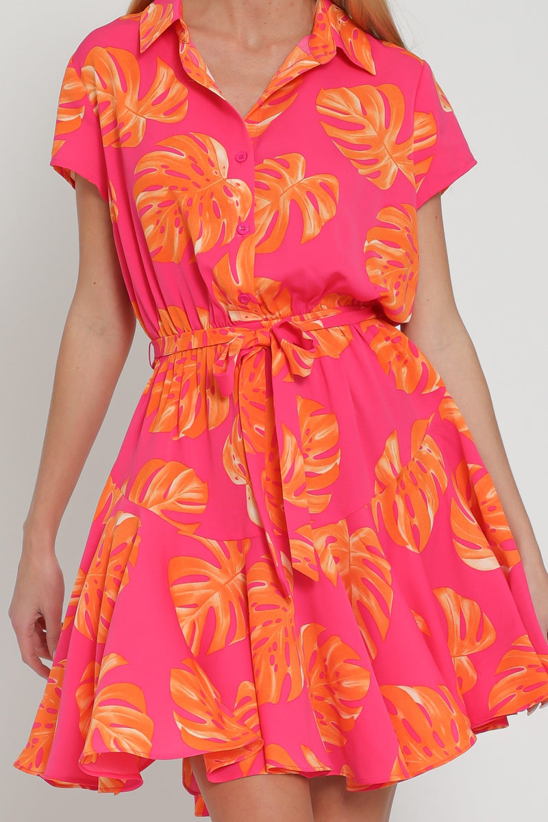 SHORT SLEEVE BUTTON DOWN WAIST BELTED MINI DRESS