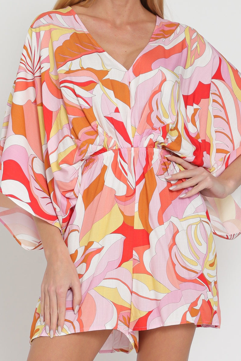 PINK/TANGERINE/WHITE KIMONO SLEEVE TIE BACK NECK ELASTIC WAISTED ROMPER