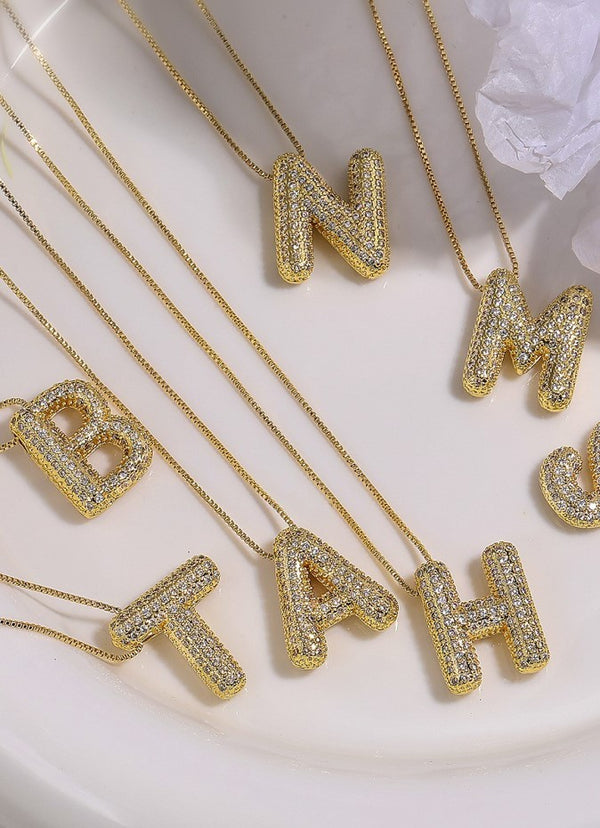 Gold Dipped Initial Pave Rhinestone Bubble Balloon Necklace