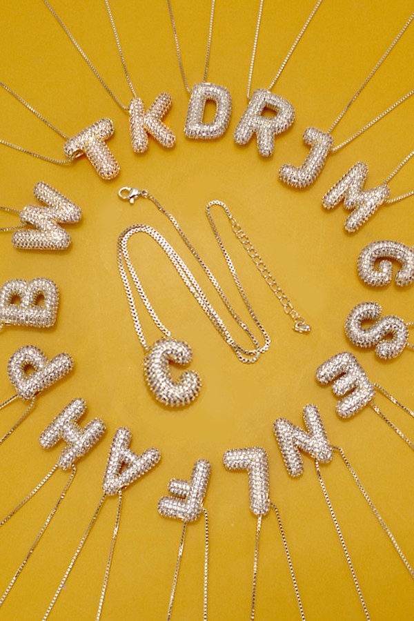 Gold Dipped Initial Pave Rhinestone Bubble Balloon Necklace
