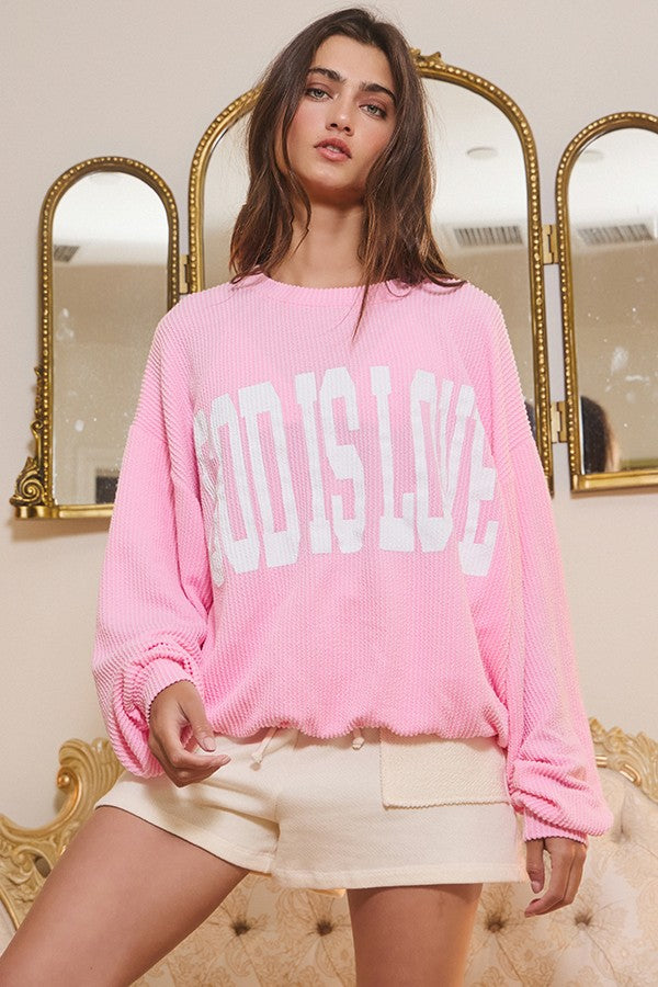 Bucketlist Pink 'God Is Love' Ribbed Oversized Lightweight Graphic Sweatshirt