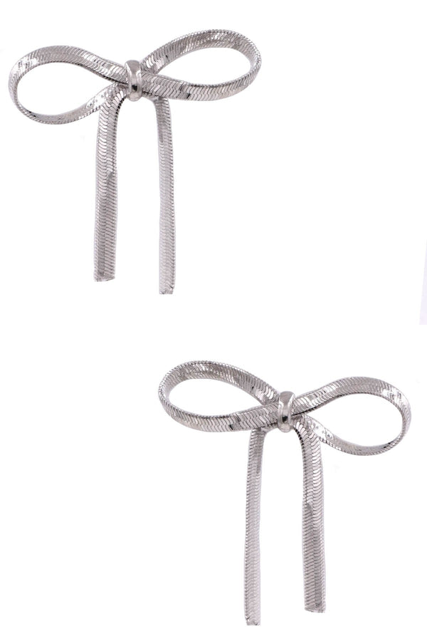 Silver Metal Herringbone Chain Bow Earrings