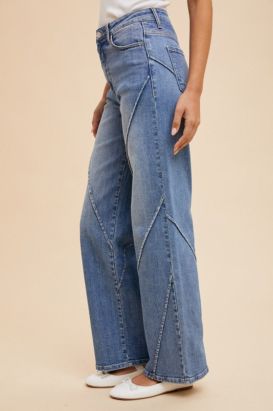 Stella Rae's Best Medium Wash Stretch High Rise Decorative Seams Wide Leg Jeans