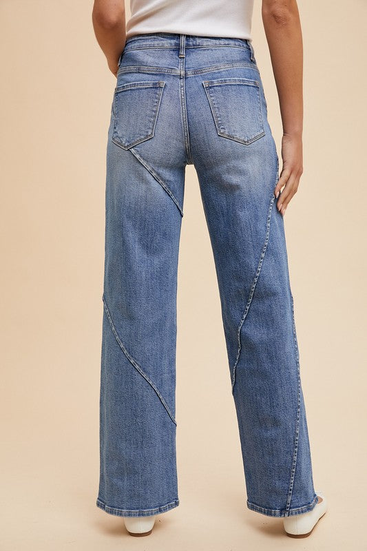 Stella Rae's Best Medium Wash Stretch High Rise Decorative Seams Wide Leg Jeans