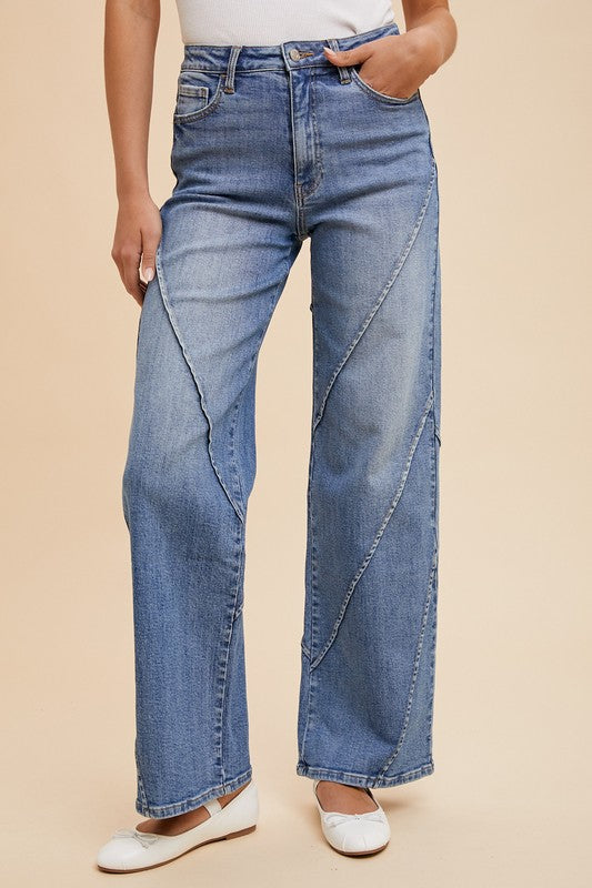 Stella Rae's Best Medium Wash Stretch High Rise Decorative Seams Wide Leg Jeans
