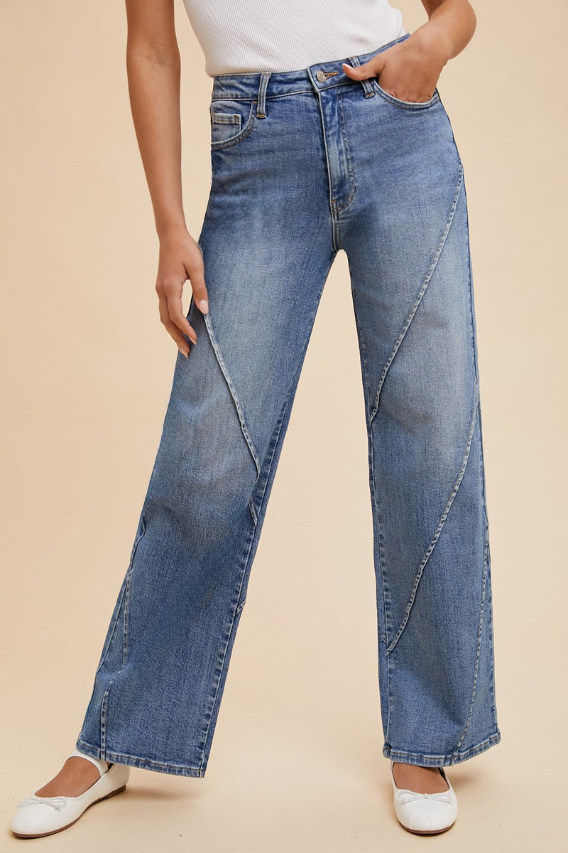 Stella Rae's Best Medium Wash Stretch High Rise Decorative Seams Wide Leg Jeans