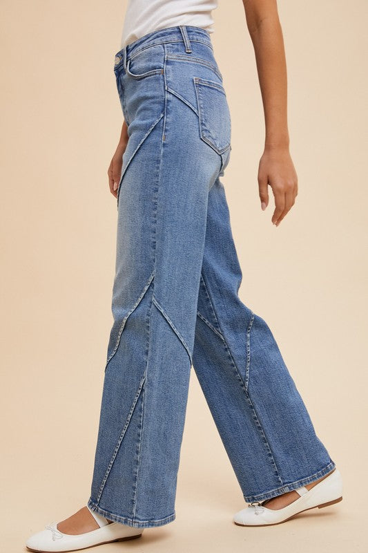 Stella Rae's Best Medium Wash Stretch High Rise Decorative Seams Wide Leg Jeans