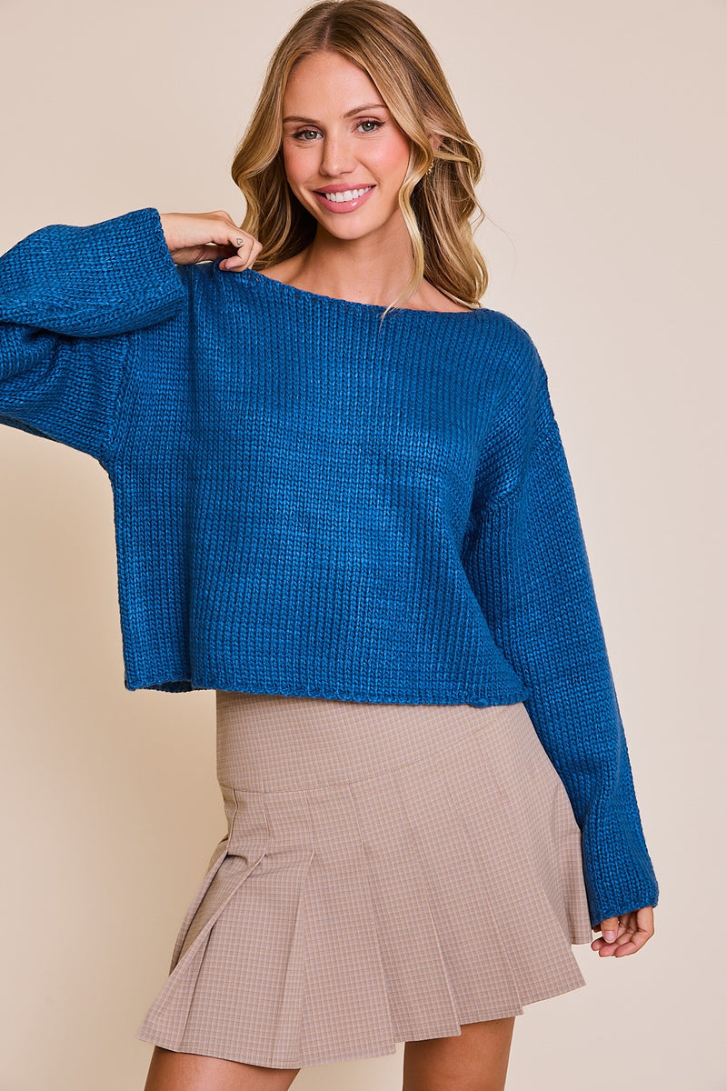 Le Lis Blue Long Sleeve Boat Neck Boxy Sweater Top