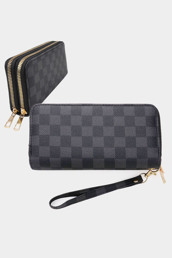 Checkered Black Faux Leather Long Wallet