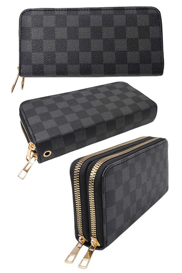 Checkered Black Faux Leather Long Wallet