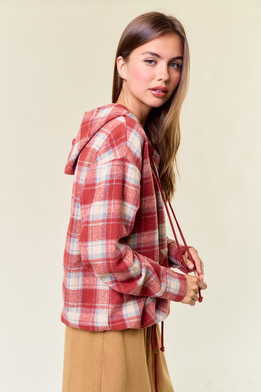 Flannel Red Plaid Pullover Hoodie W/ Kangaroo Pocket