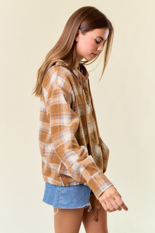 Flannel Mocha Plaid Pullover Hoodie W/ Kangaroo Pocket