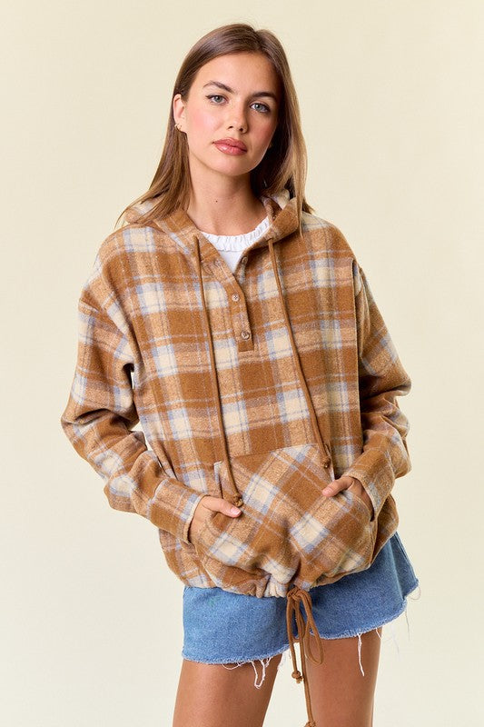 Flannel Mocha Plaid Pullover Hoodie W/ Kangaroo Pocket