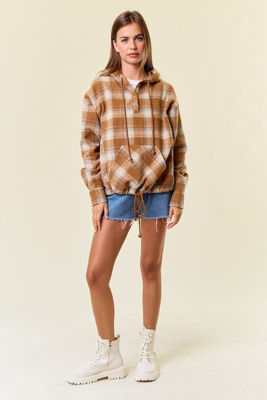 Flannel Mocha Plaid Pullover Hoodie W/ Kangaroo Pocket