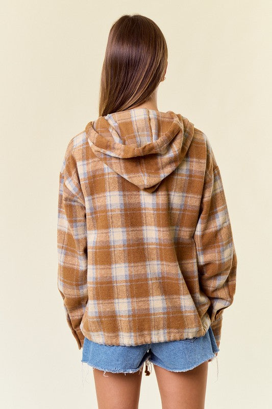 Flannel Mocha Plaid Pullover Hoodie W/ Kangaroo Pocket