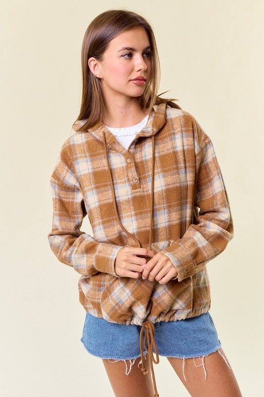 Flannel Mocha Plaid Pullover Hoodie W/ Kangaroo Pocket